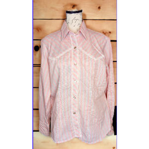 Vintage Avante West Western Shirt, Pearl Button Pink Orange Stripe, Lace, 15/16